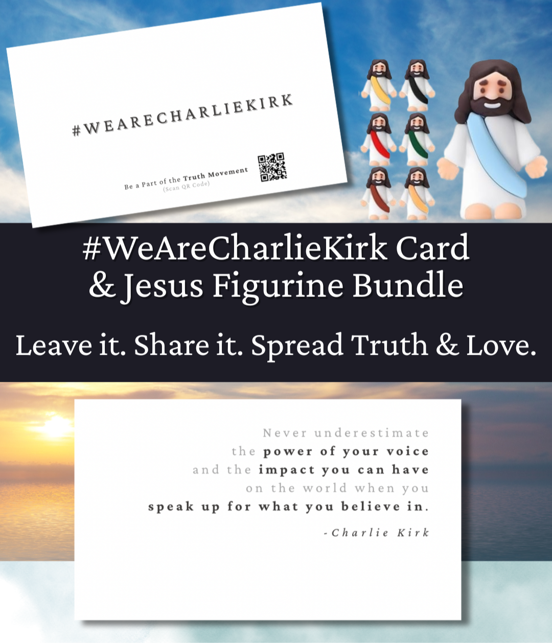Truth & Love Bundle - 20 #WeAreCharlieKirk Cards and 10 Jesus Figurines