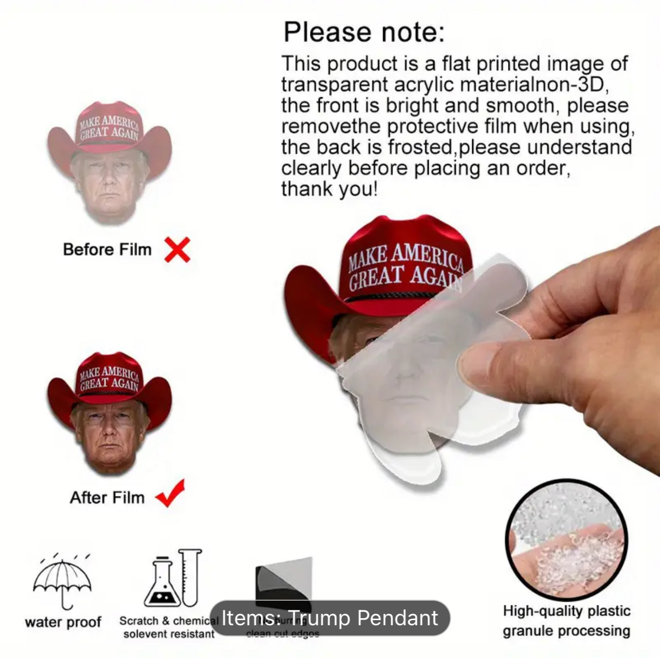 Trump Cowboy MAGA Hat 'Make America Great Again' Acrylic Pendant - Versatile Decor for Car Mirrors, Backpacks, & Keychains - Ideal Christmas Gift for Trump Supporters