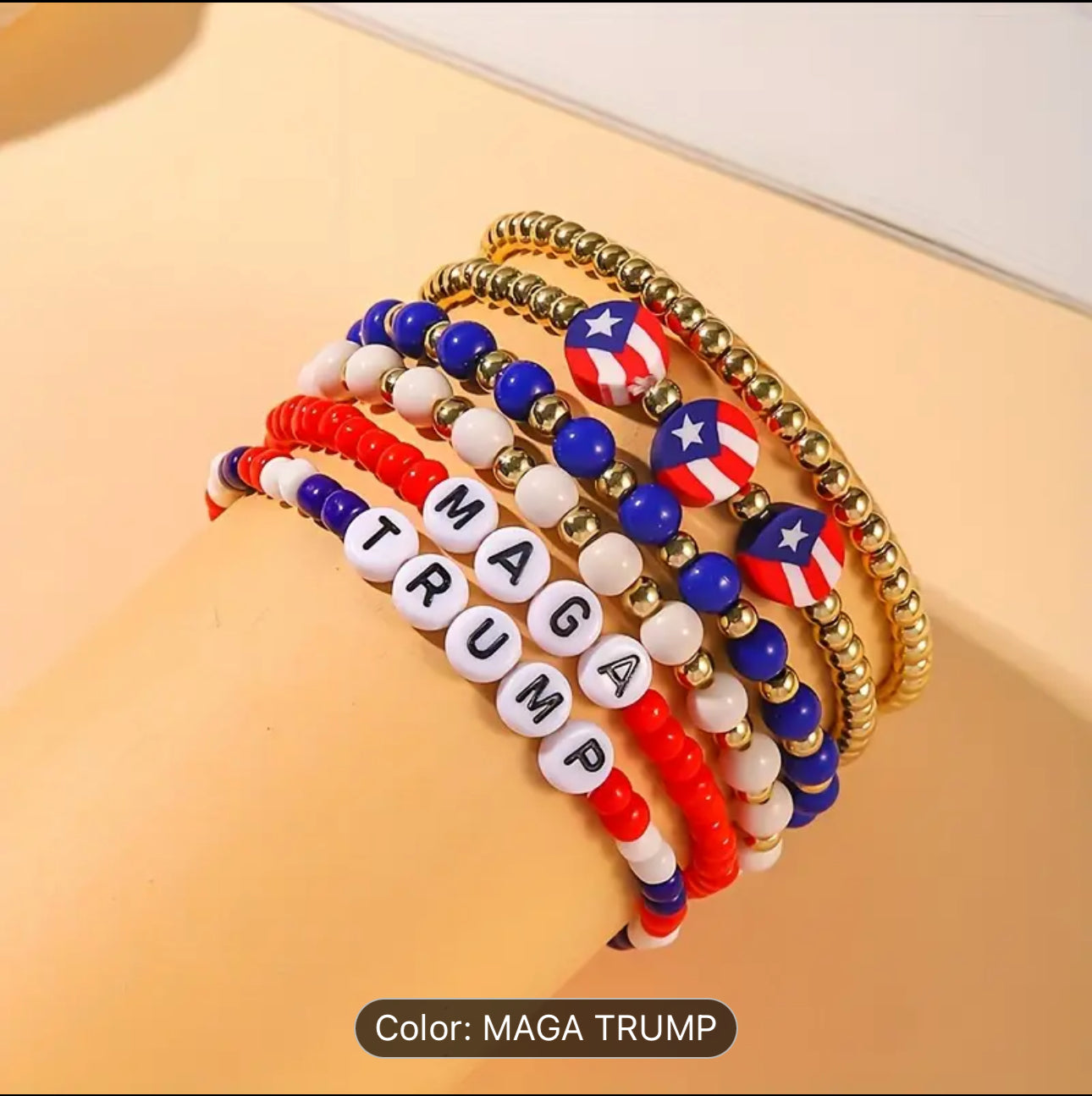 6pcs Patriotic MAGA Trump Red, White & Blue with Gold Beaded Bracelet Set - Stretchy Acrylic