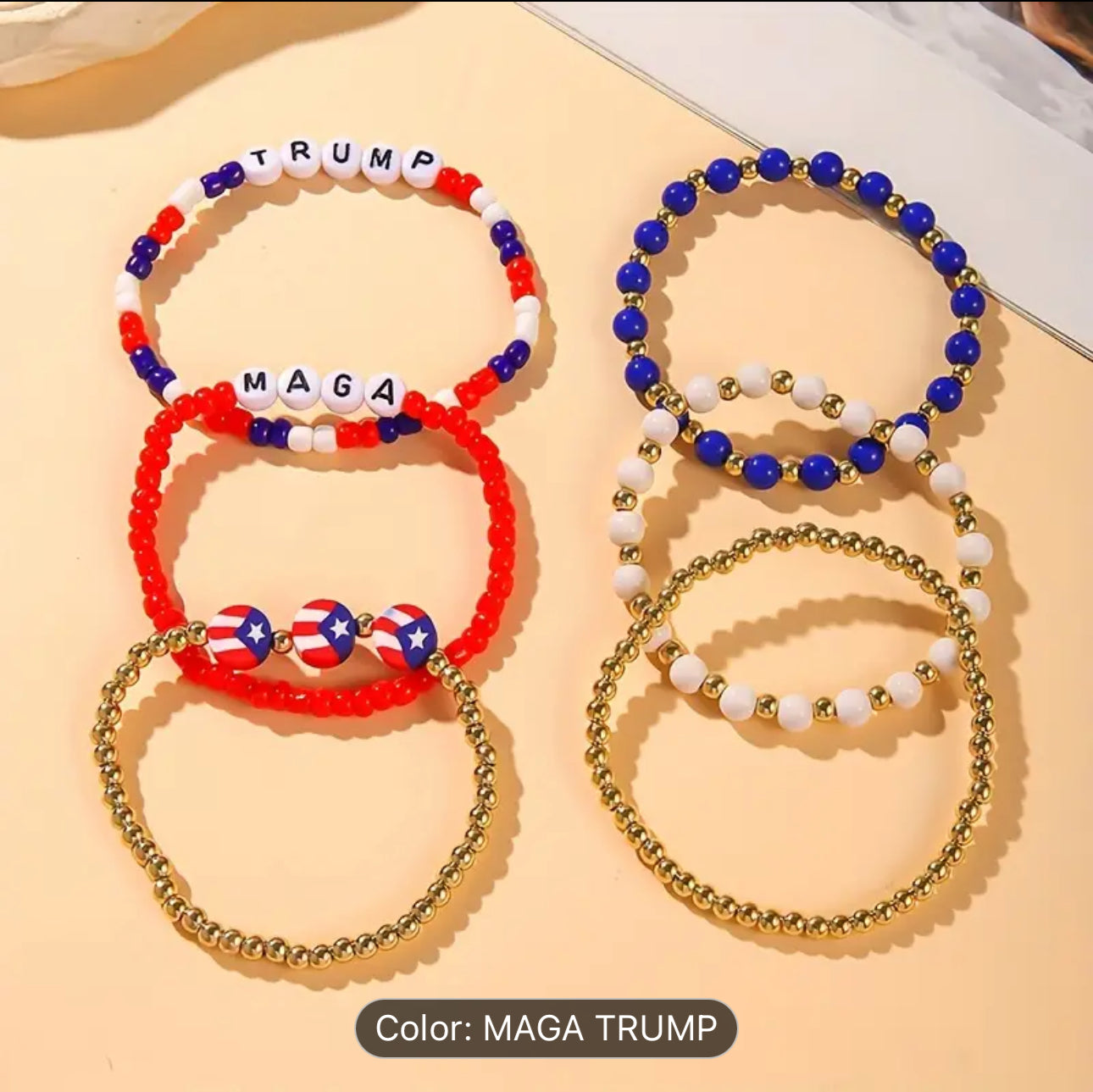 6pcs Patriotic MAGA Trump Red, White & Blue with Gold Beaded Bracelet Set - Stretchy Acrylic