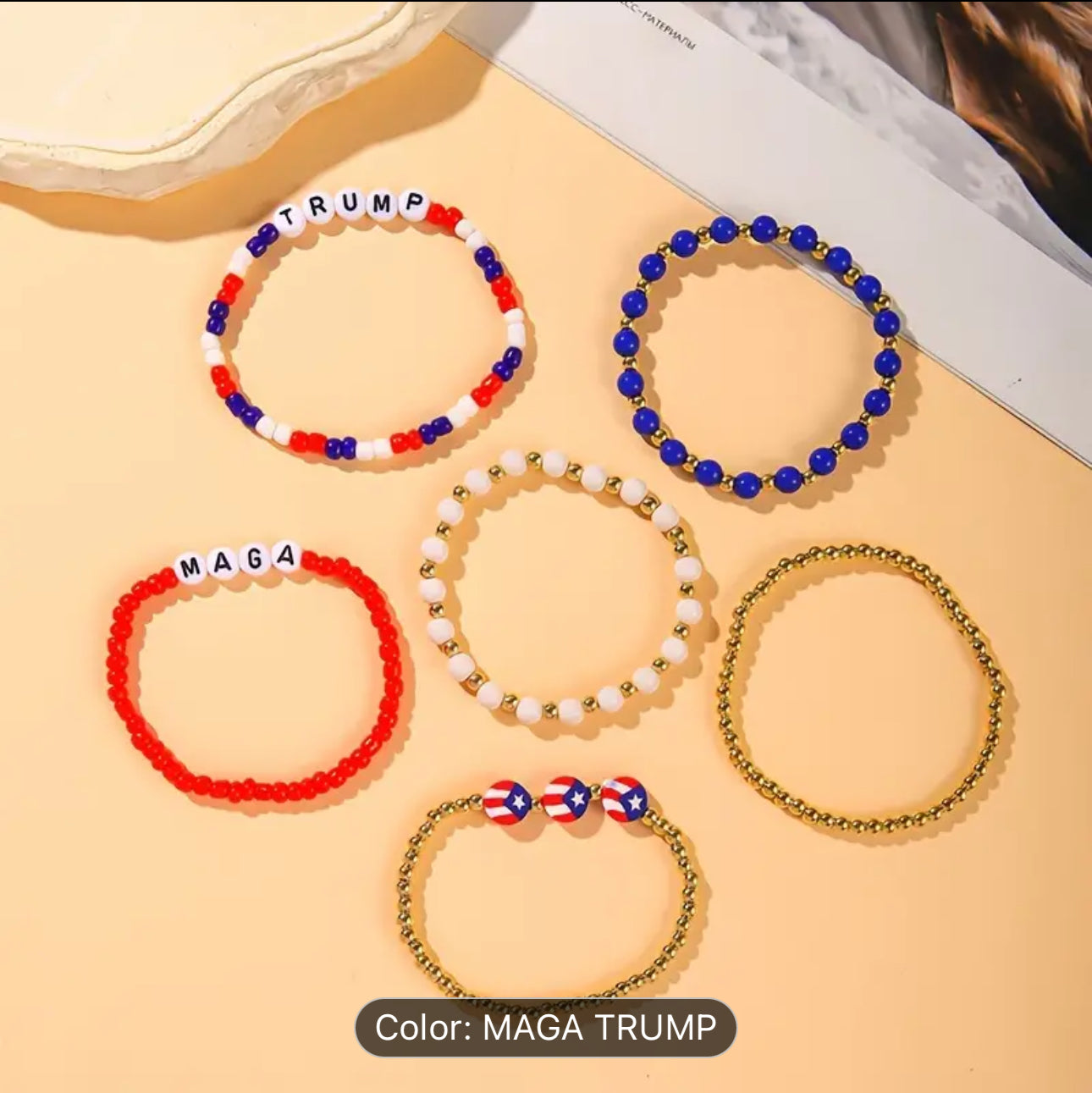 6pcs Patriotic MAGA Trump Red, White & Blue with Gold Beaded Bracelet Set - Stretchy Acrylic