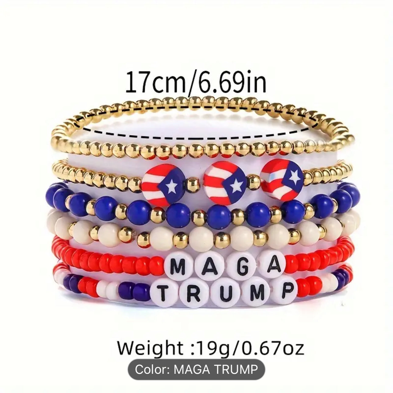 6pcs Patriotic MAGA Trump Red, White & Blue with Gold Beaded Bracelet Set - Stretchy Acrylic