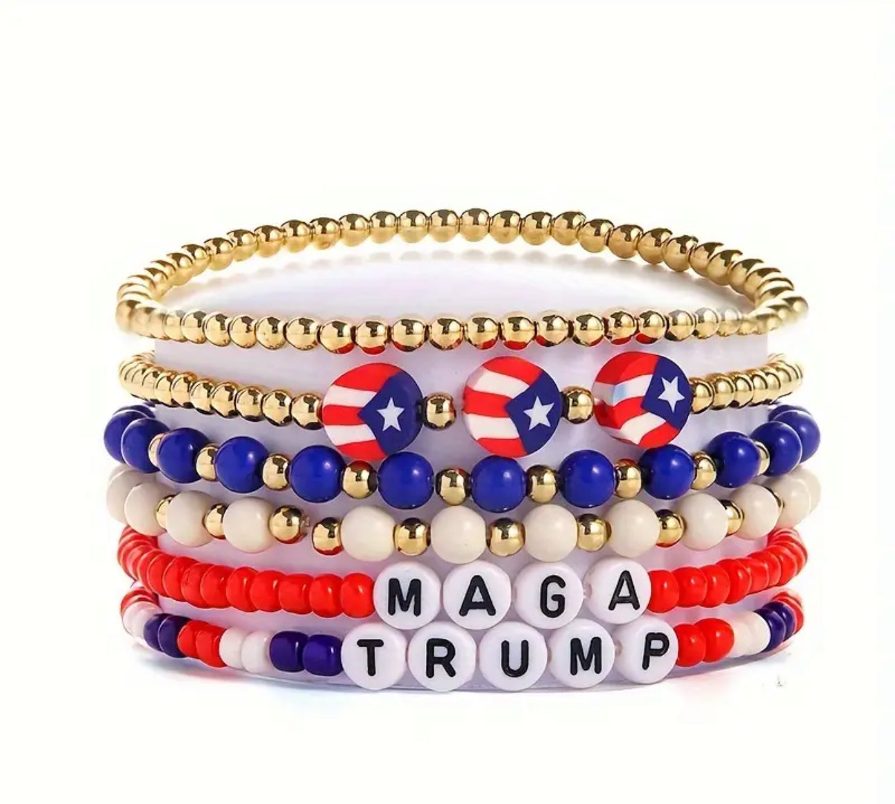 6pcs Patriotic MAGA Trump Red, White & Blue with Gold Beaded Bracelet Set - Stretchy Acrylic