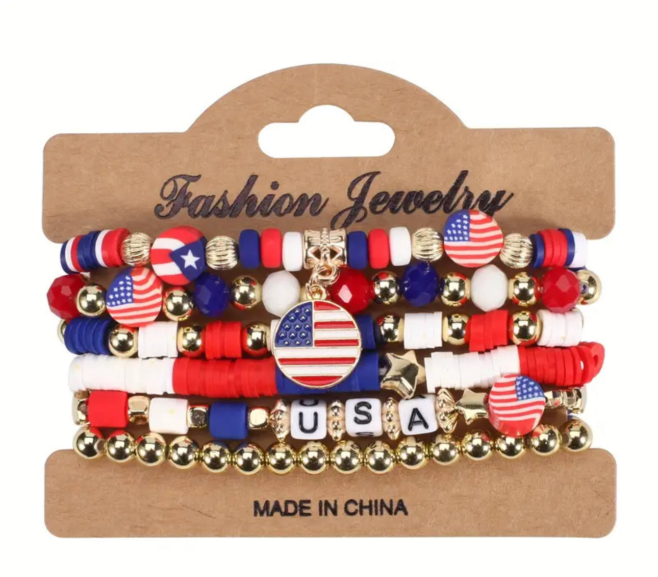 Patriotic USA Flag Bead Stretch Bracelet - Red, White, and Blue Multilayer Elastic Wristband for Independence Day, Elegant Vacation Accessory