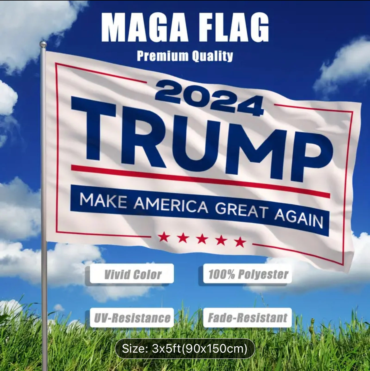 Trump 2024 MAGA Flag, 3x5 Foot Heavy Duty Polyester Banner with Brass Grommets - Vivid Color, UV Protected, Fade Resistant - Perfect for Indoor & Outdoor Use